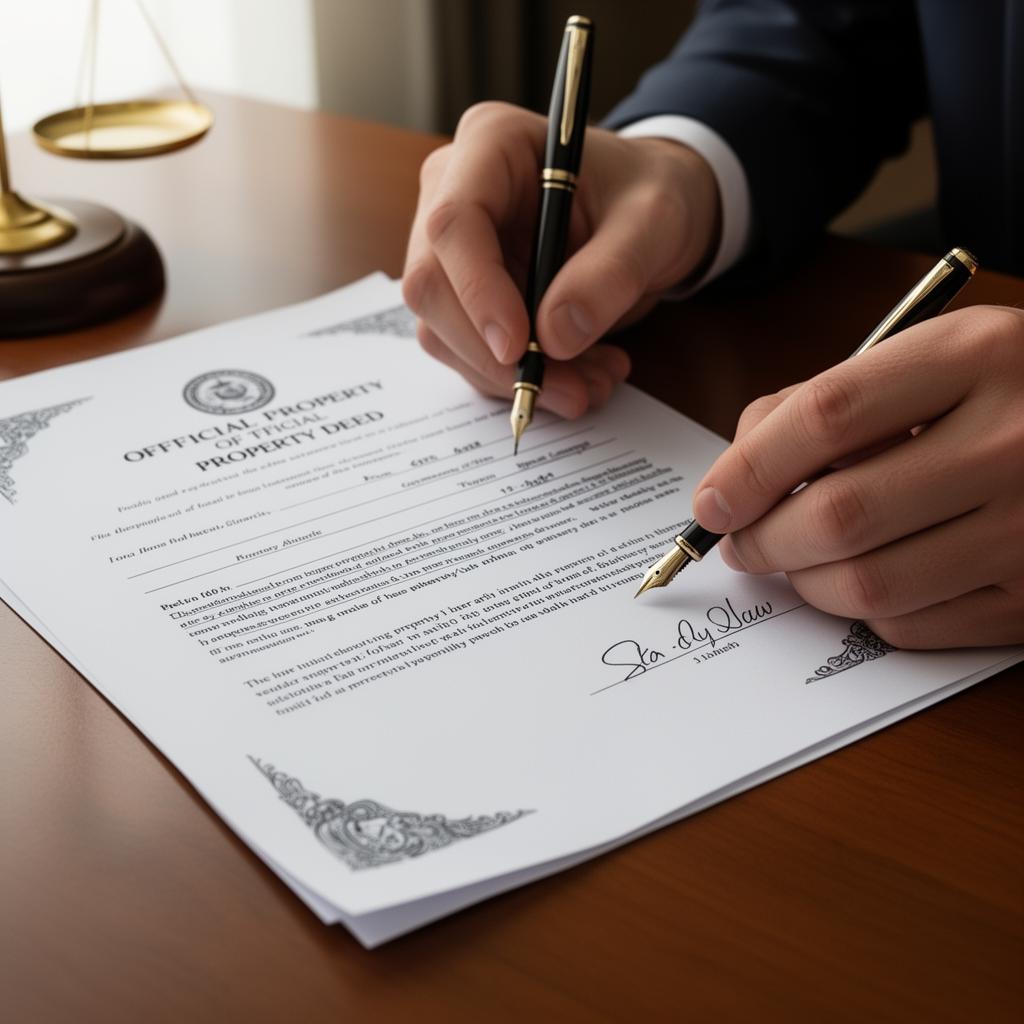 Firma de escritura notarial sobre escritorio de madera